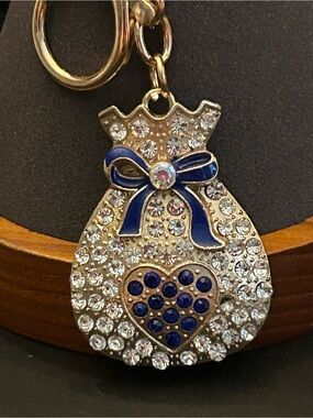 Gold-Tone Crystal Pouch Bag Charm Keychain with Blue 💙 Bow & Heart NWOT
